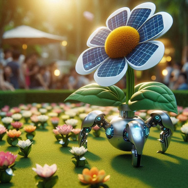 un robot que sea una flor realista que se alimente de energia solar