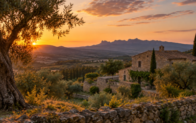 Masia entre oliveres al capvespre