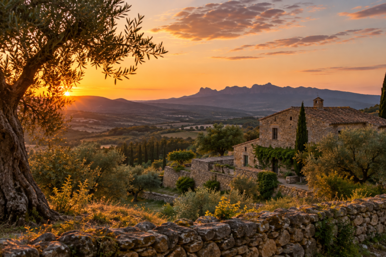Masia entre oliveres al capvespre